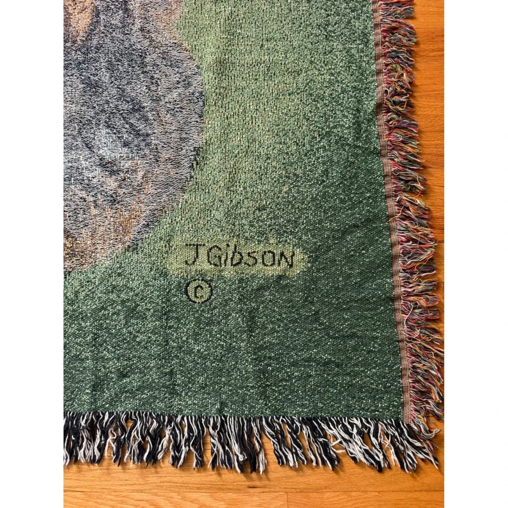 Vintage J Gibson Woven Tapestry Throw Blanket Schnauzer Dog Green Fringed 52x60